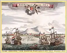 Barcos holandeses de la VOC (Vereenigde Oostindische Compagnie, "compañía de las Indias Orientales") en Batavia (actual Yakarta), 1665.