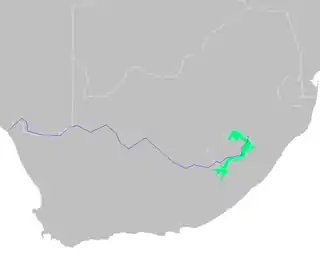 Distribución de la especie en Sudáfrica.