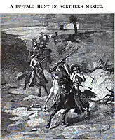 Cacería de búfalos en Coahuila, 1867. Otro oficio que desempeñaron los Charros fuera de las haciendas, era el de cíbolero o cazador de búfalos.