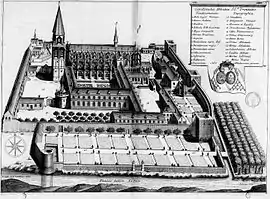 La abadía en el siglo XVII, planche grabada del Monasticon Gallicanum