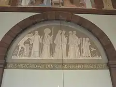 "Wie S. Hildegard auf den Rupertsberg bei Bingen zieht."("Como santa Hildegarda parte de Rupertsberg hacia Bingen").