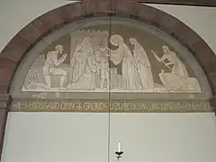 "Wie S. Hildegard Eibingen gründet u. zu Rüdesheim einen blinden Knaben heilten."("Como santa Hildegarda funda Ebingen y camino a Rüdesheim cura a un muchacho ciego").