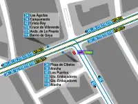 Mapa zonal de la estación de Acacias con los accesos y los recorridos de los autobuses de la EMT que pasan por ella, entre los que se encuentra la línea 62.