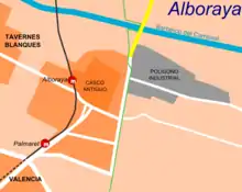 Localización del barrio en el casco urbano de Alboraya. Se trata de la zona al oeste del recorrido del metro