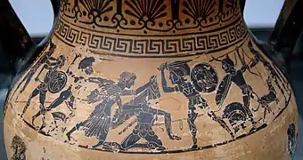 Afrodita salvando a su hijo Eneas, ánfora etrusca de figuras negras, ca. 480 a. C.