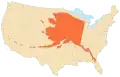 Mapa de Alaska superpuesto sobre los otros 48 estados continentales. Es el mayor estado por superficie total, terrestre y acuática.