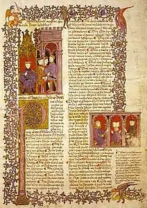 Biblia de Alba, 1422-1433. Biblia hebrea traducida al romance por el toledano Rabí Mošé Arragel, por encargo de Don Luis González de Guzmán, Maestre de la Orden de Calatrava. Las imágenes que acompañan el texto del rabino hispano fueron realizadas por un miniaturista cristiano. Se trata de un texto miniado en estilo gótico español y de un importante ejemplo de arte sefardí.