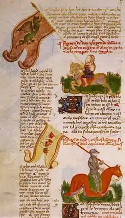 Biblia de Alba, 1422-1433, fol. 57v: Tribus de Dan y Gad (hijos de Jacob). Inscripciones: "Figura de Dan y su pendon [...] a figura de un culebro con alas de agila e de la otra par una aguyla"; "Figura de Gad e en su estandarte del manera de omnes afinados como jineste".