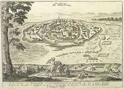 Merian: “Theatrum Europaeum:La reconquista pasajerade Székesfehérvár en 1601”N = salida de los turcosG = iglesia mayor