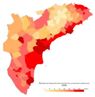 Densidad de población por municipio en 2018