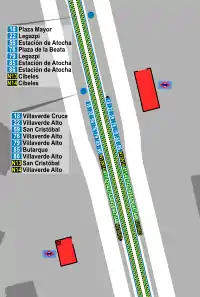 Mapa zonal de la estación de Almendrales con las líneas de autobuses que pasan por ella, entre las que se encuentra la línea 79.