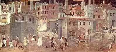 Detalle de la Alegoría y efectos del buen y el mal gobierno, de Ambrogio Lorenzetti, 1338-1339.