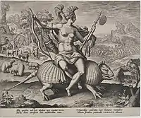 Grabado según Maerten de Vos, siglo XVI. Los cautivos están siendo masacrados y cocinados en el fondo izquierdo.