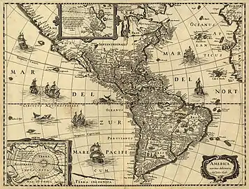 Mapa de América de Jodocus Hondius (1618) donde aparece la Terra Australis.
