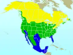 Amarillo nidificación, verde todo el año y azul áreas de invernada.