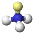 La disposición del par de electrones del amoníaco es tetraédrica: los dos electrones solitarios se muestran en amarillo, los átomos de hidrógeno en blanco.