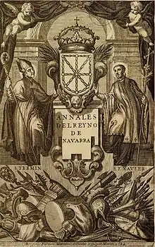 Frontispicio del tomo primero de los Annales de Navarra (1684), grabado de Gregorio Fosman y Medina