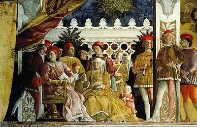  Fresco. A close-up view of richly dressed middle-aged couple seated on a terrace with their family, servants and hound. The man discusses a letter with his steward. A little girl seeks her mother's attention. The older sons stand behind the parents. The space is restricted and crowded in a formal manner, but the figures are interacting naturally.