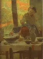 Detalle de la mesa con loza blanca, en el óleo titulado Cristiano, pintado en 1897 por Guinea. Conservado en el Casa Consistorial de Bilbao.