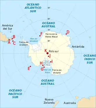 Positions des records de « Sud le plus loin » de 1521 à 1911.