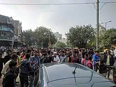Bloqueo del tráfico por parte de los manifestantes en Nueva Delhi.