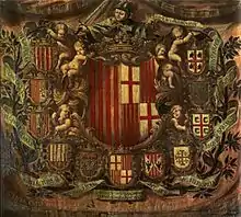 Composición heráldica con los escudos de los estados que formaron parte de la Corona de Aragón presididos por el de Barcelona (finales del siglo XVII)