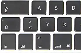 Las teclas modificadoras en el lado izquierdo de un teclado MacBook Air de 13 pulgadas de mediados de 2012 con diseño QWERTZ