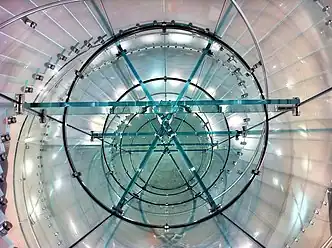 Vista aérea de las escaleras helicoidales con peldaños de vidrio en Apple Store en Boston