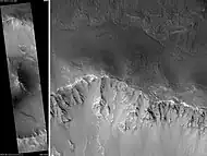 Cráter Arandas, al hacer clic en la imagen se verá mejor detalle de las paredes norte y sur, así como las colinas centrales. La barra de escala representa 1000 metros de largo.