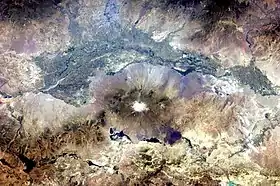 Vista de satélite de la vega del Aras en la frontera Turquía-Armenia-Iran-Azerbaiyán