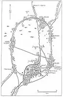 Mapa del campo de trabajo de Vorkutá (en alemán). Los números de los ejes en los círculos, Mapa trazado entre 1951-1956, imagen tomada de Geografía Tomo XI, 1957, p. 208. Kurt Behrens: Alemanes en campos penales y prisiones en la Unión Soviética, Volumen V/1/2/3. Editorial Ernst y Werner Gieseking, Bielefeld. Múnich 1965, pág. 25