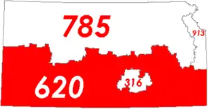 Mapa de Kansas con el código de área 620 en rojo.