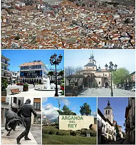 De izquierda a derecha y de arriba abajo: una panorámica de la localidad, el ayuntamiento, la plaza de la Constitución, la iglesia parroquial San Juan Bautista, el monumento de homenaje a los recortadores de toros, la entrada a Arganda del Rey y la calle San Juan.