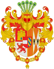 Escudo de Juan de Austria, adornado con lambrequines de plumas de pavo real característica de Austria.