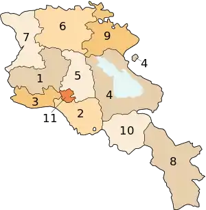 Mapa de las provincias de Armenia.
