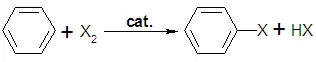 Halogenación del benceno, X = Cl, Br. Siendo FeX3 o AlX3 el catalizador.
