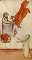 Ascensión de Elías, con Eliseo como observador. Speculum Humanae Salvationis, siglo XIV. Bibliothèque nationale de France, Arsenal 593, folio 27v.