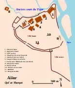 Aššur durante el período neoasirio: la Ciudad alta comprende el centro político-religioso en el norte, en la parte más alta del sitio.