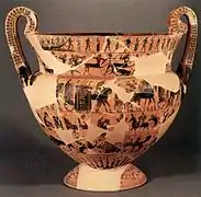 Vaso François, una crátera ática (del ceramista Ergótimos, pintada por Clitias (ca. 570 a. C.) con distintas escenas mitológicas y decoración orientalizante. Hallada en una tumba etrusca.