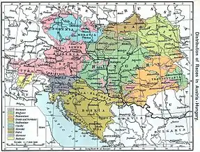 Mapa de etnográfico de 1911 del imperio austrohúngaro, con rutenos en verde claro
