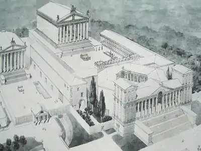 Reconstrucción del complejo de los templos de Baalbek; a la izquierda, el templo de Baco.