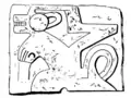 Bajorrelieve encontrado en Cabana, región Ancash, Perú, cultura Pashas, según grabado en publicación de Charles Wiener, 1880, representando quizás a alcocc sentado, animal fabuloso parecido a un perro
