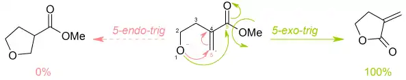 Reacción de 4-hidroxi-2-metilenbutanoato de metilo, de acuerdo con las reglas de Baldwin