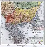 Mapa de 1877 de composición étnica de los Balcanes por el francés pro-griego A. Synvet