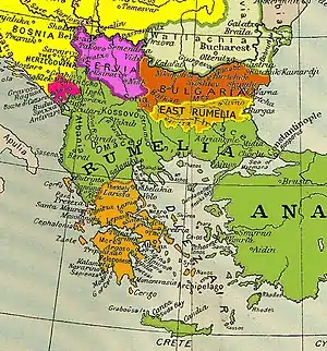 Mapa de Bulgaria (rojo) y Rumelia oriental (naranja) de 1878 a 1885.