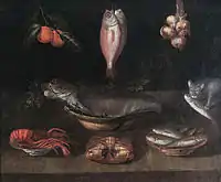 Bodegón con pescado, crustáceos, cebollas, naranjas y gato (1635-40)