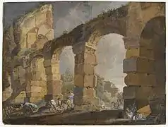Ruina de acueducto en Roma,Jean Bardin, guache sobre cartón, 43 x 57 cm,