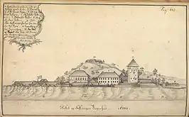 Dibujo de la Fortaleza de Bergenhus, el Salón de Haakon y la Torre Rosenkranz. Autor: J. J. Riechborns .