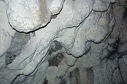 Leche de luna, en este caso adherida a las paredes de la cueva. Se puede encontrar en forma líquida o como un barro de distinta consistencia.