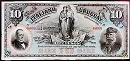 Billete del Banco Italiano del Uruguay muestra a la Alegoría de Uruguay y a la Italia Turrita en un abrazo, 1887.
